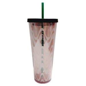 🍒 STARBUCKS Clear Pink w/ White Swirl Wave Tumbler Cold Cup Twist Top 24oz